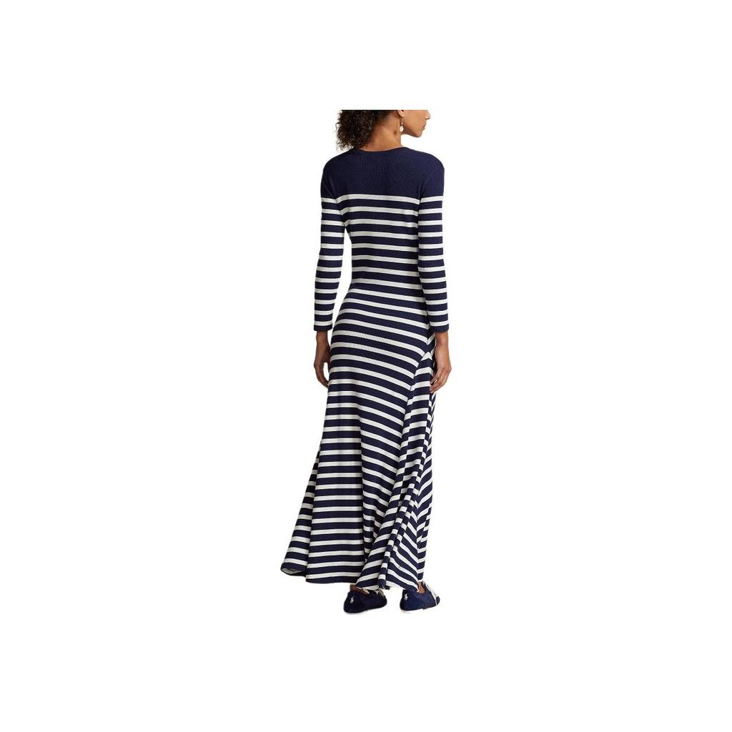 Polo Ralph Lauren SS24 Pruhované vaflové pletené šaty s dlouhým rukávem slim fit Dámské šaty Tmavě modrá WMPODRSNFA20618-410