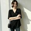 Texture v-neck front shoulder short-sleeved t-shirt women's summer large size fat mm loose and thin medium and long super good-looking top