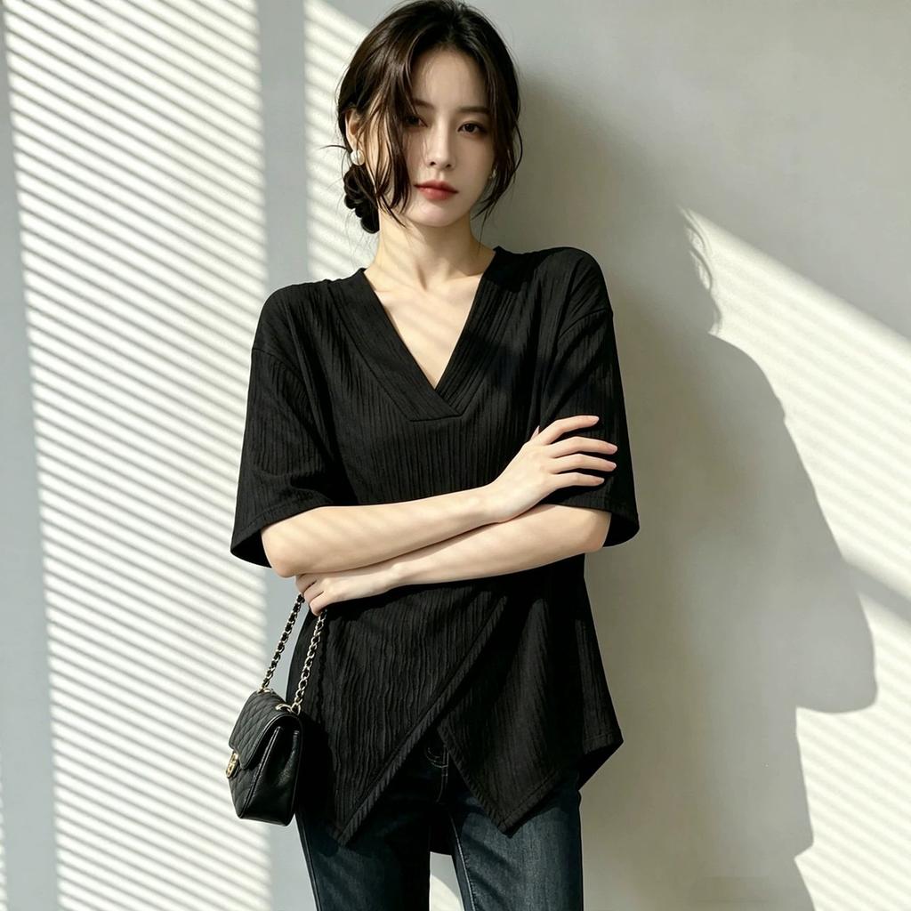Texture v-neck front shoulder short-sleeved t-shirt women's summer large size fat mm loose and thin medium and long super good-looking top
