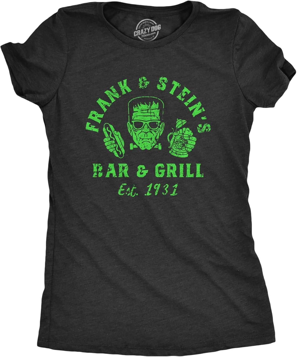 Womens Frank and Steins Bar and Grill T Shirt Funny Frankenstein Halloween Tee for Ladies XXXXXL чёрный