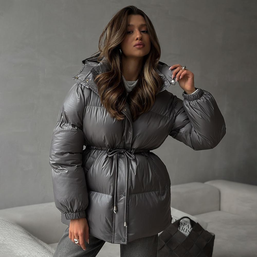 Women's Stand Collar Drawstring Waist Puffer Coat Detachable Hood Long Sleeve Polyester Warm Winter Cotton Jacket