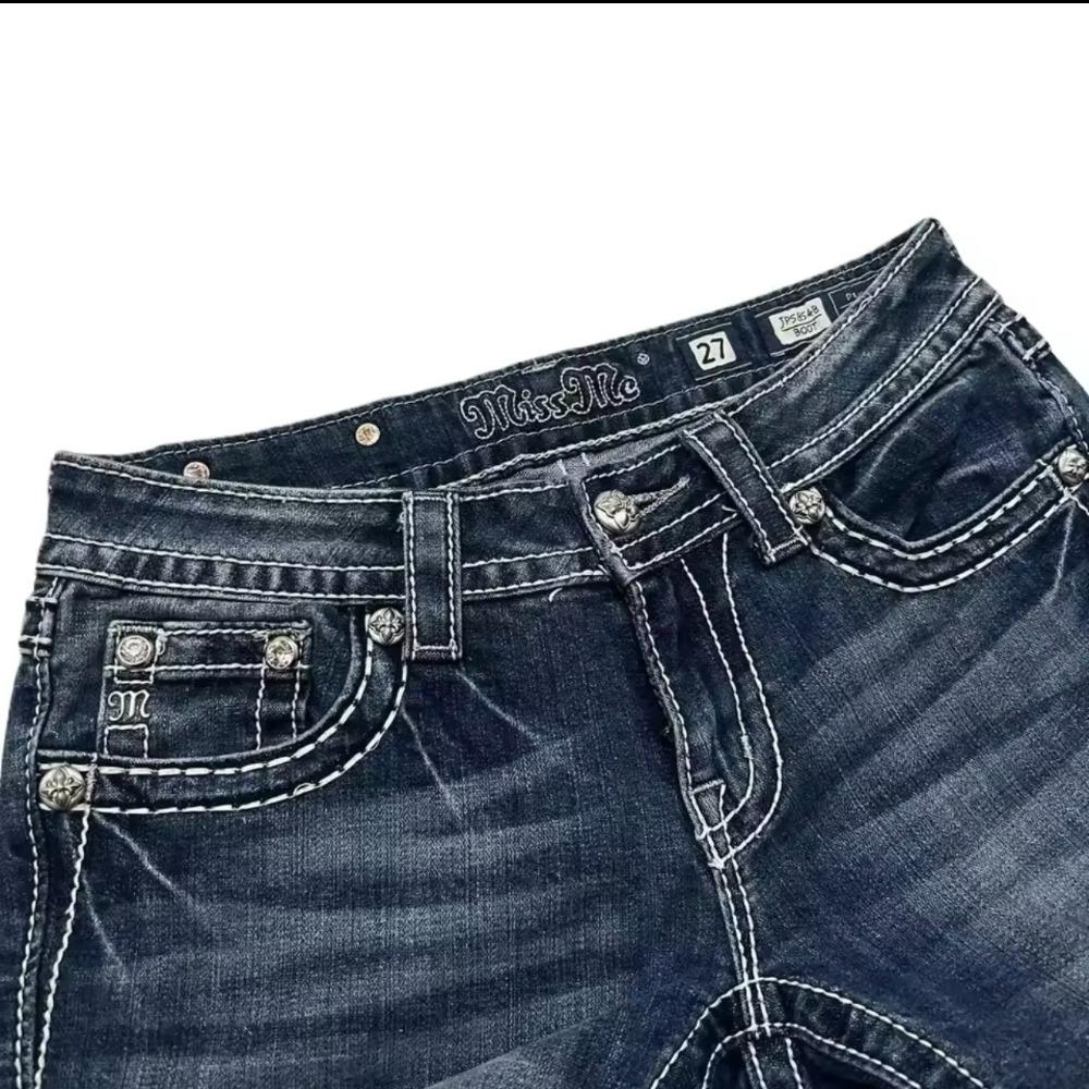 LUXEON Jeans a Zampa Sottile Retro Americano Donna Y2k Harajuku Gotico Vintage Tasca Ricamata Pantaloni in Denim Blu Vita Bassa Gamba Larga Pantalone
