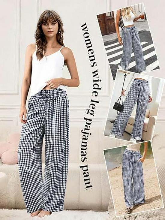 European Plaid Women's Wide-Leg Elastic High-Waist Pajama Pants with Drawstring