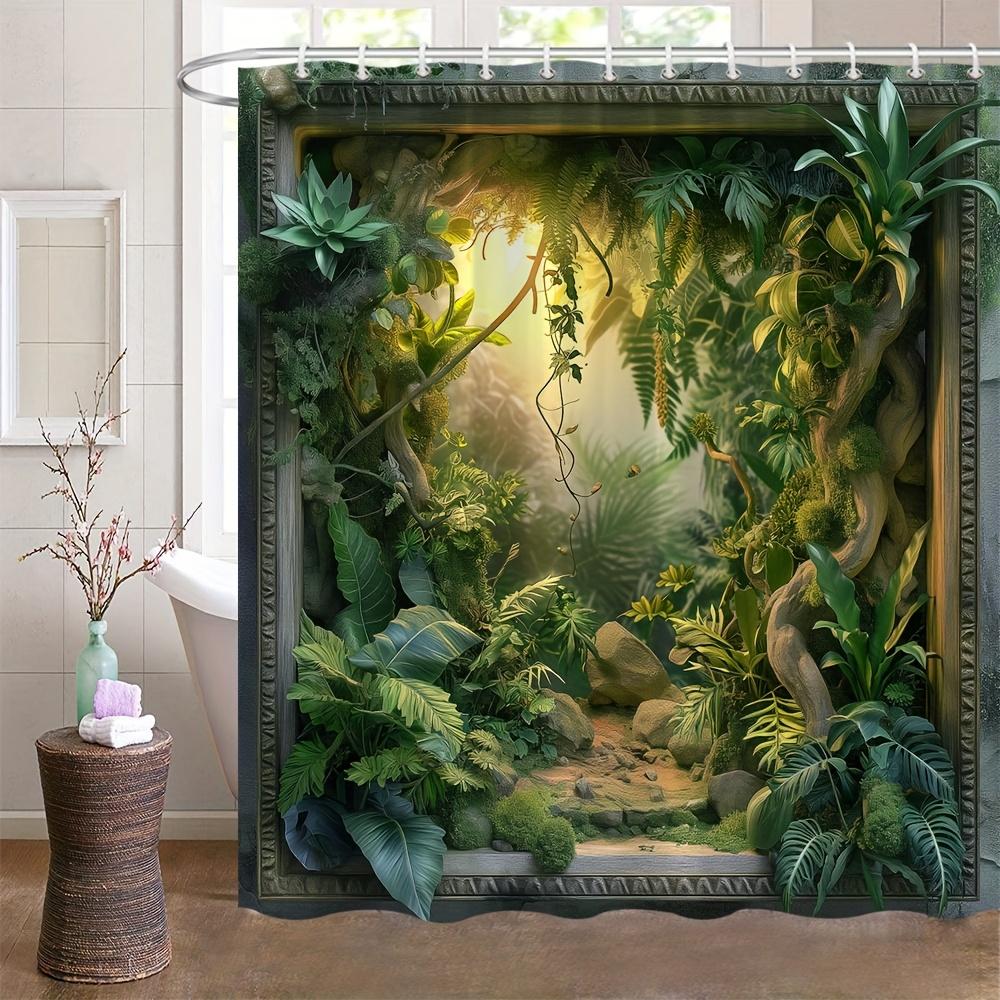 Enchanting Jungle Scene Bath Curtain - Lush Greenery & Sunlit Path; Waterproof Home Decor Adds Tropical Charm to Your Bathroom.