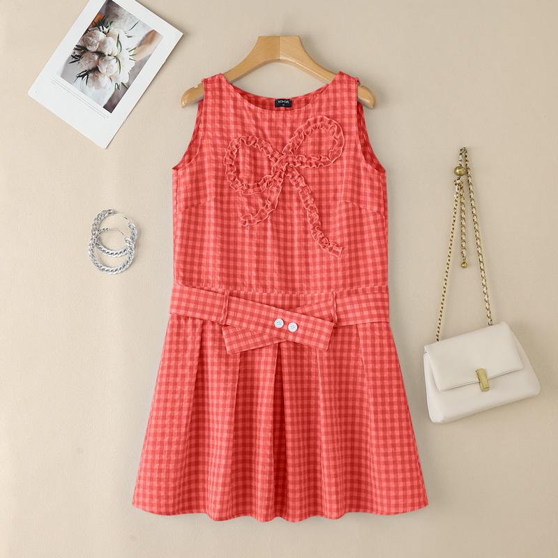 

VONDA Женское платье-майка с круглым вырезом, бантом и плиссировкой в клетку в стиле кэжуал 5XL красный