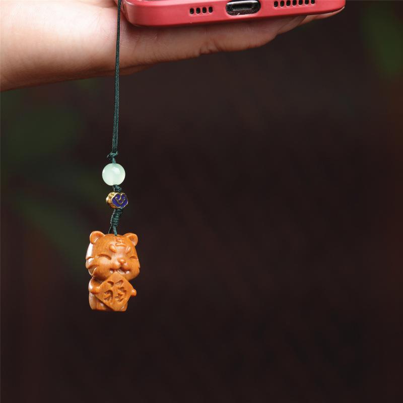 Tiger Blessings Zodiac Phone Charm: Creative Wood Carved Pendant & Keychain Gift