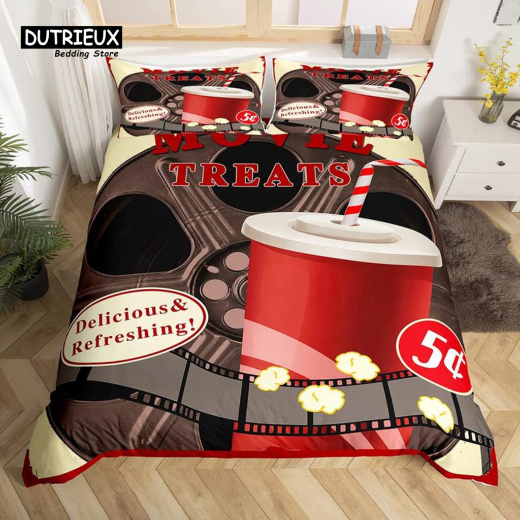 Husă de plapumă Movie Time Set de lenjerie de pat cu tematică Cinematograf Poster de cinema Husă de plapumă Microfibră Popcorn Gustări de film Cuvertură