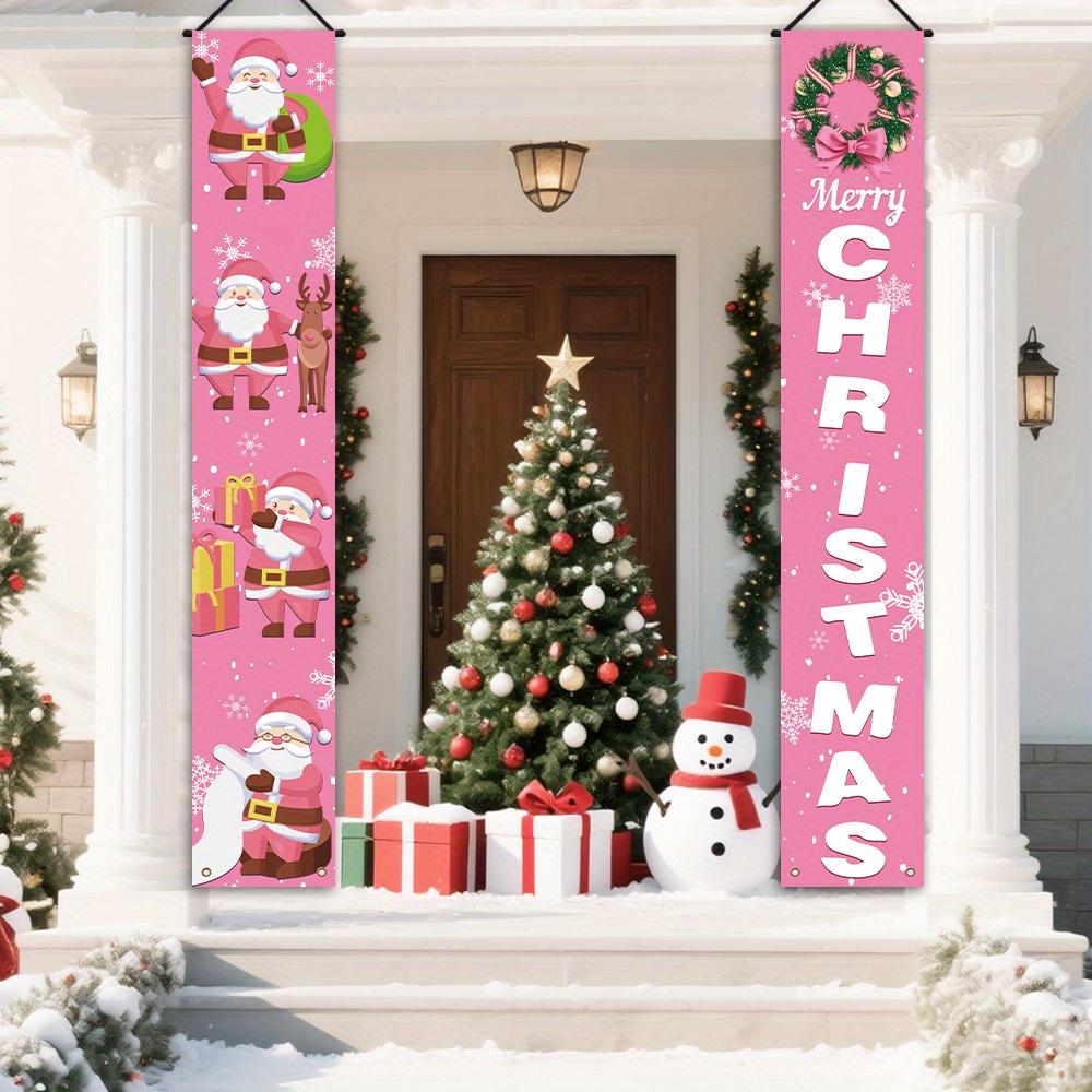 1 Pair, Merry Christmas Porch Decoration Banner, Polyester, Christmas Carnival Gift Party, Cute Pink Cartoon Christmas Character Pattern Background Su