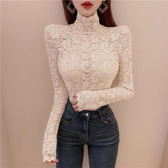 Turtleneck Long Sleeves Perspective Thin Bottoming Top Women Embroidery Floral Crochet Lace Hollow Top