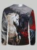 Men's long-sleeved polyester T-shirt with a unique black and white double horse moonlight pattern design.