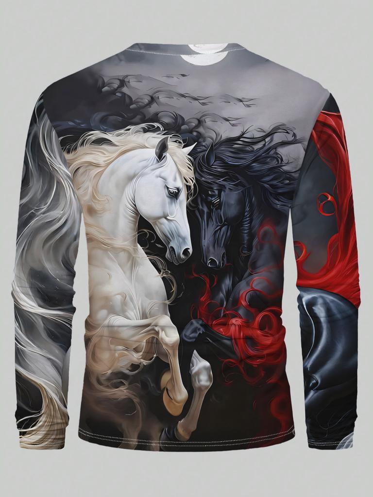 Men's long-sleeved polyester T-shirt with a unique black and white double horse moonlight pattern design.