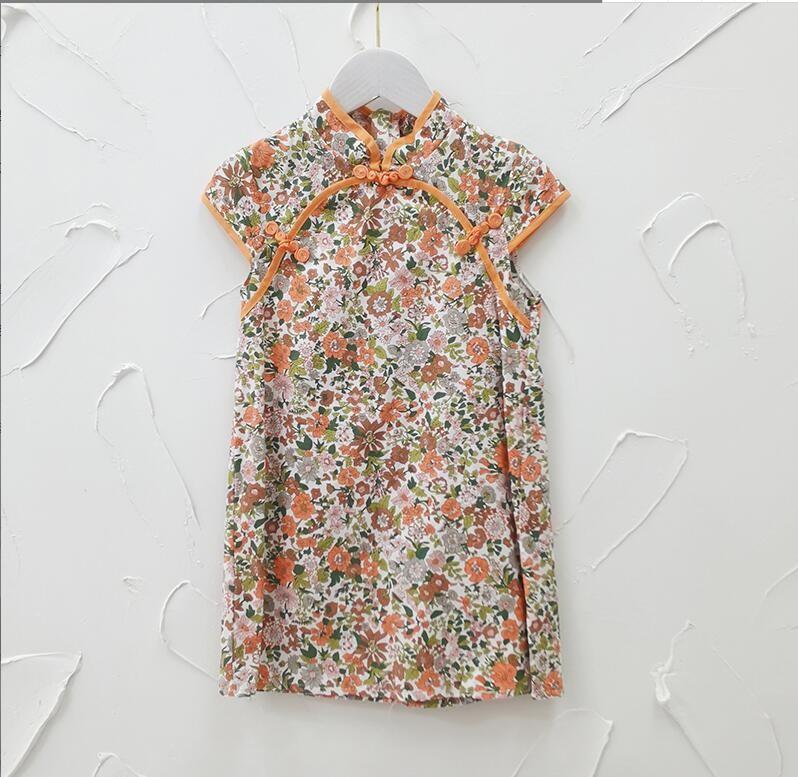 Girls Floral Cotton Short Sleeve Cheongsam Dress Thin A Line Hanfu Summer Outfit for Kids 90cm