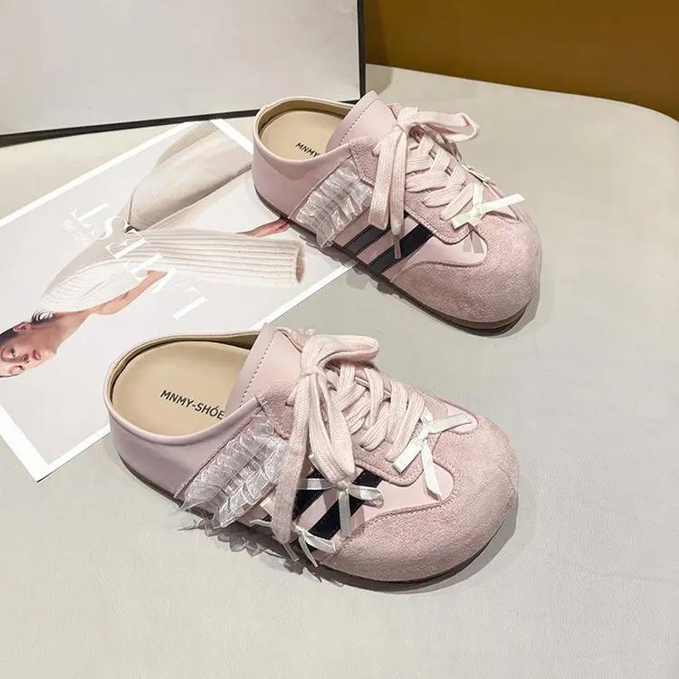 Mode Dam 2025 Ny Inre Höjning Spets Rosett Knuthuvud Halv Släp Mode Slip-on Bekväma Skor