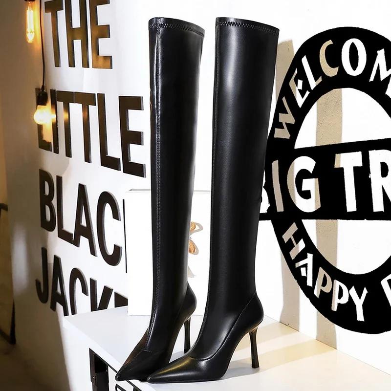 Bigtree Shoes Fashion Simple Soft Leather Women Long Boots Autumn Winter Pointed Toe Thin High Heel Over The Knee Black Boots