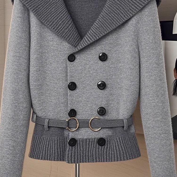 Autumn/Winter 2025 High-End Chic Grey Sweater & Blue Midi Skirt Set