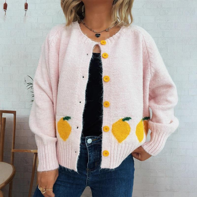Women S Casual Long Sleeve Round Neck Lemon Jacquard Button Knit Cardigan Sweater