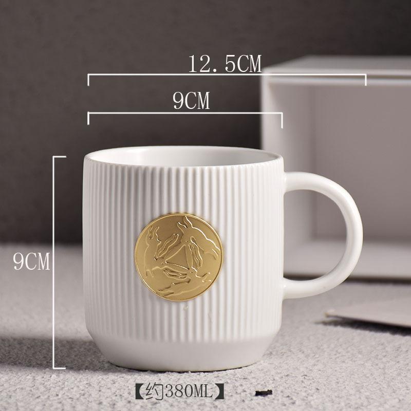 Wind Ceramic Coffee Cup Vertical Stripe Copper Medal Office Water Cup Milk Cup With Gift Print