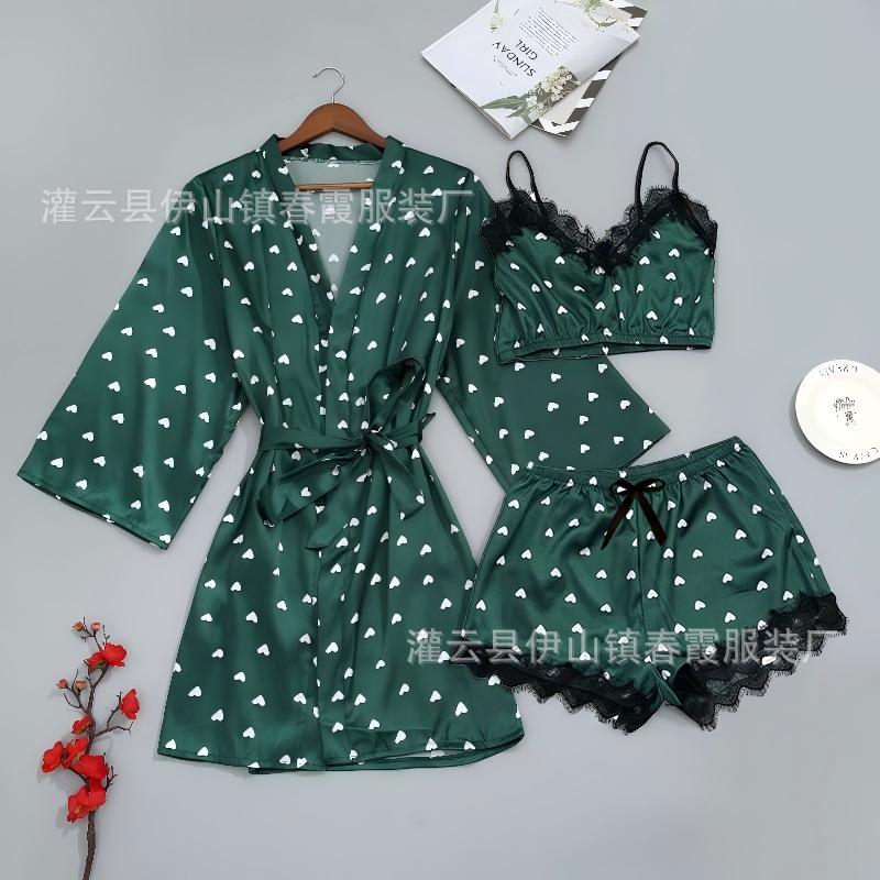 2026 new summer sexy pajamas satin three-piece loungewear love print women