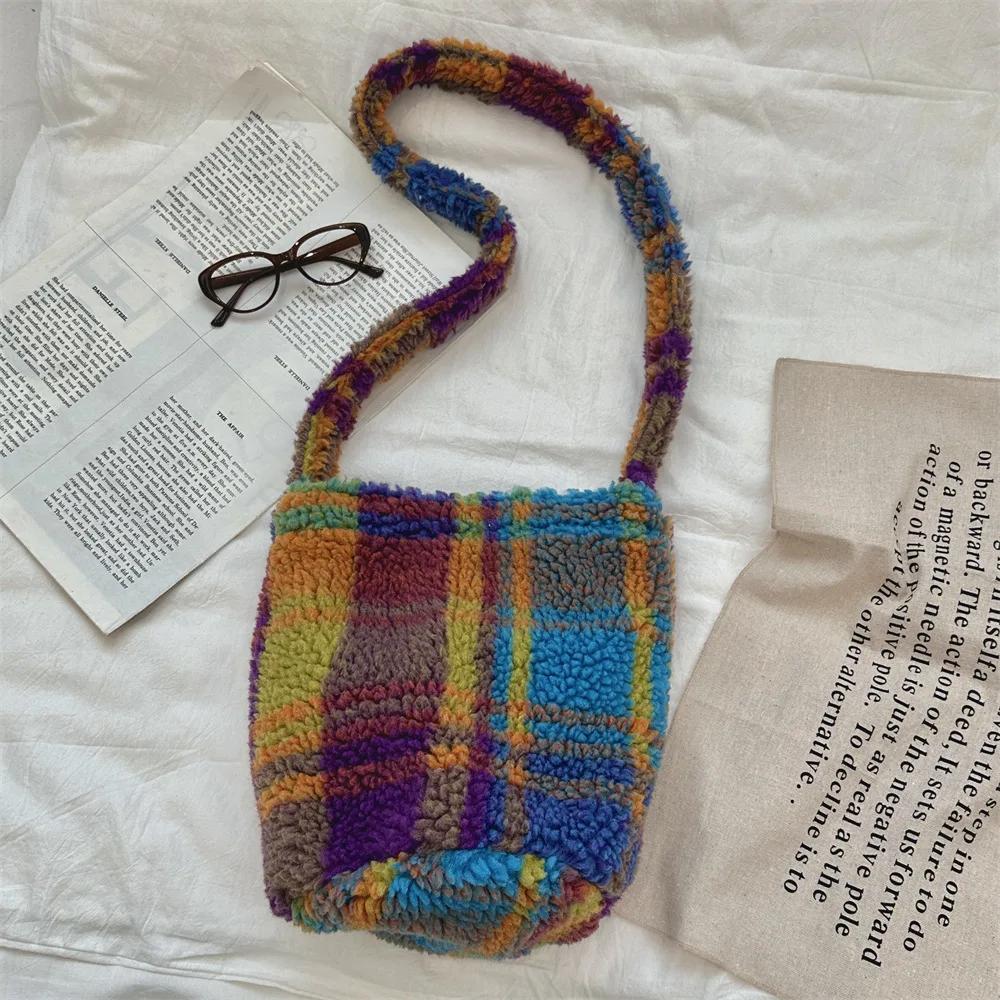 

Faux Lamb Wool Bucket Messenger Bag Women s Vintage Plaid Floral Shoulder Bags Ladies Soft Plush Large Capacity Handbags Female