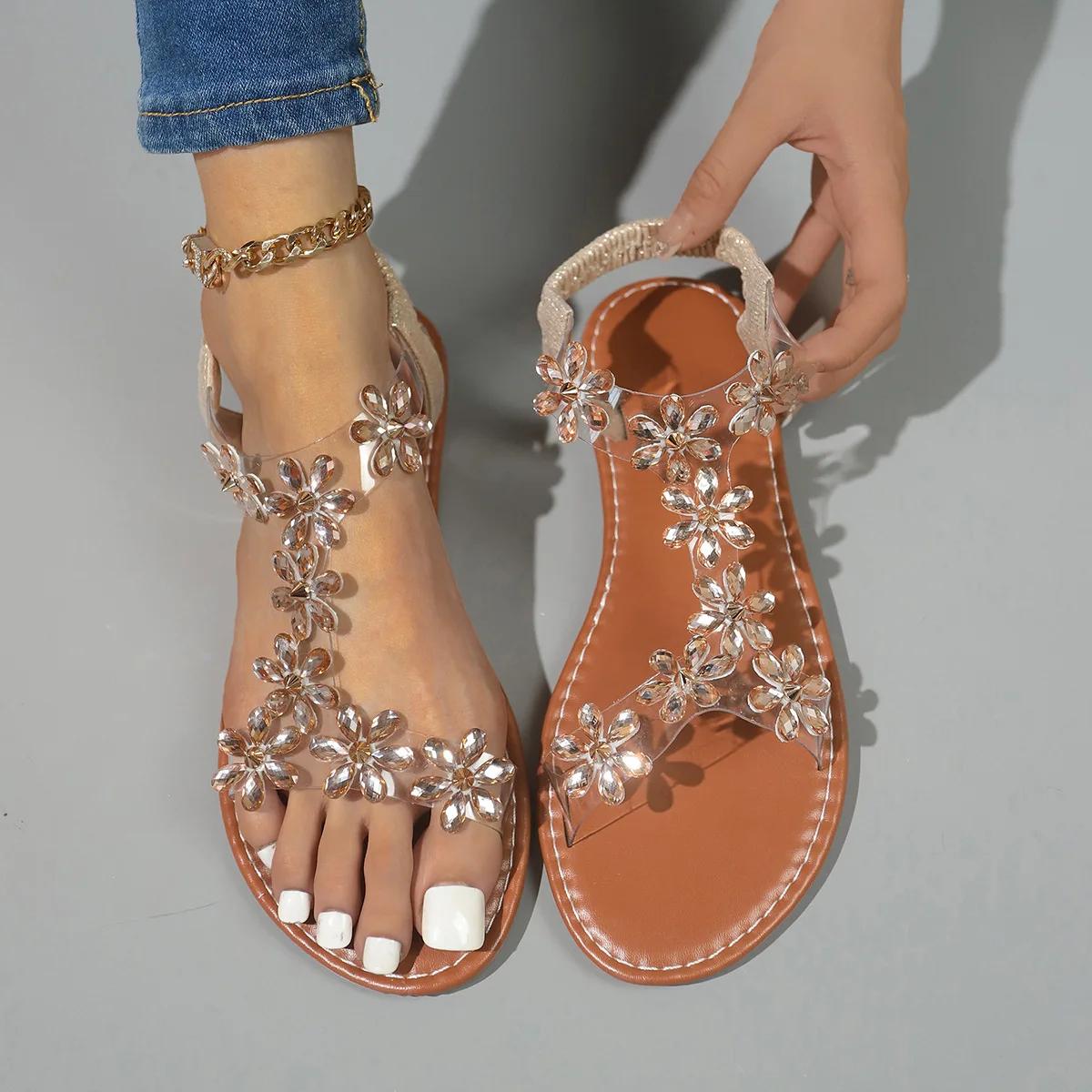 

Summer Shoes Women Rhinestone Butterfly Flower Sandals Fashion Flat Bottom Transparent Casual Slip on Slides Sandalias De Mujer 43