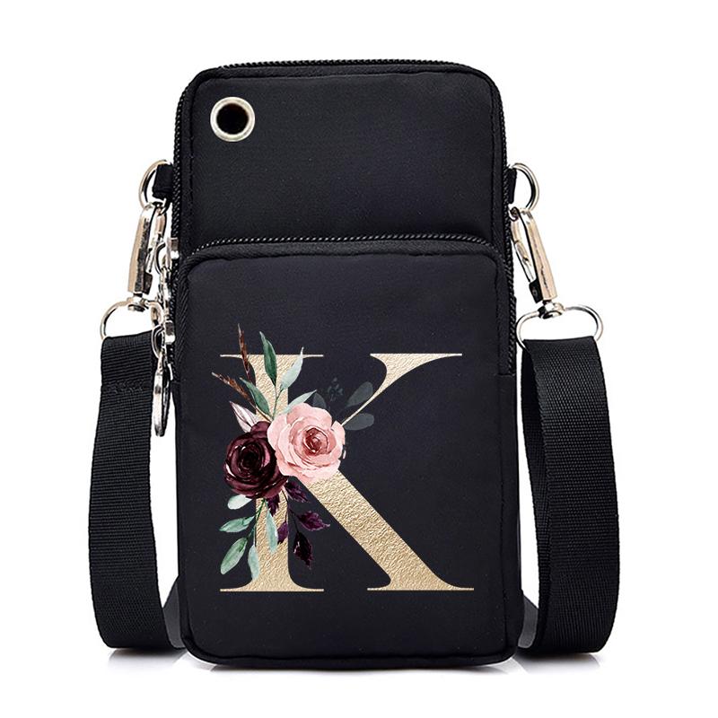 Gold Color Letters A B C D Mini Mobile Phone Bag Pink Flower Alphabet Vertical Handbag 26 Initials Flower Woman Purse Handbags