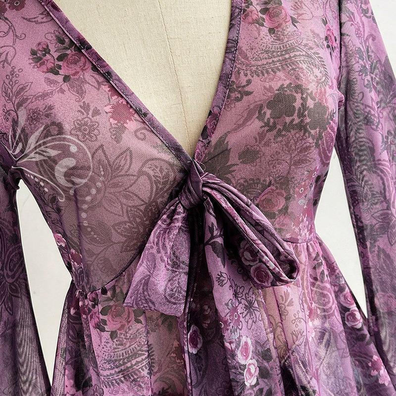 Fitted Shirt, V-neck, Flared Sleeves, Cinched Waist, Sexy Top, Printed Shirt