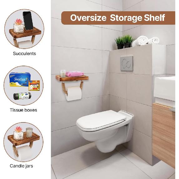 Farmhouse Toilet Paper Holder with Shelf Large, Nautical Rustic Rope for Beach Farmhouse Bathroom Decor Toilet Paper Roll Holder, Wood Bathroom