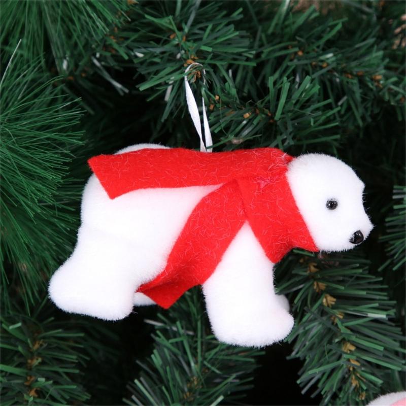 Plush White Bear with Scarf Ornaments Christmas Doll Pendant for Christmas Tree Home Decorations Cartoon Pendants Gift