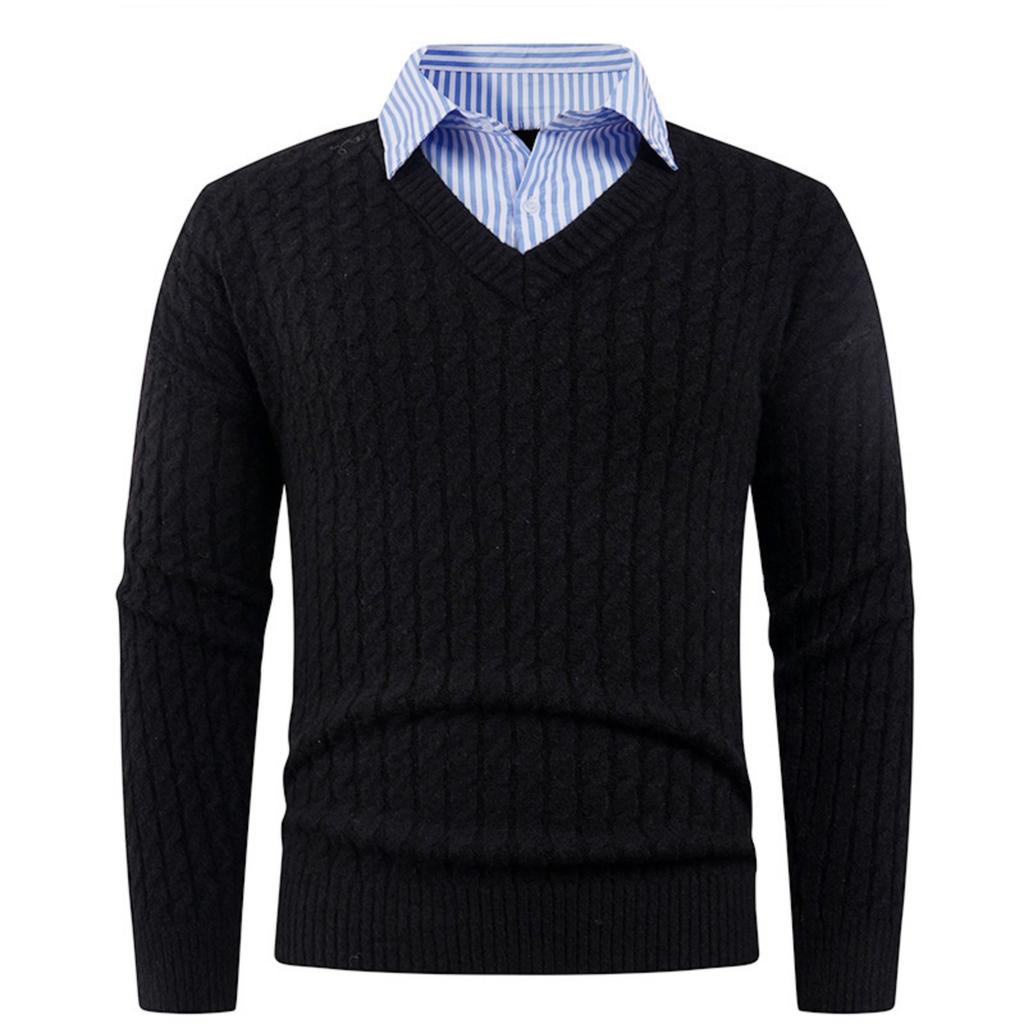 Men's Solid-color Casual V-neck Pullover Knitted Sweater With Two Striped Neck Sweaters