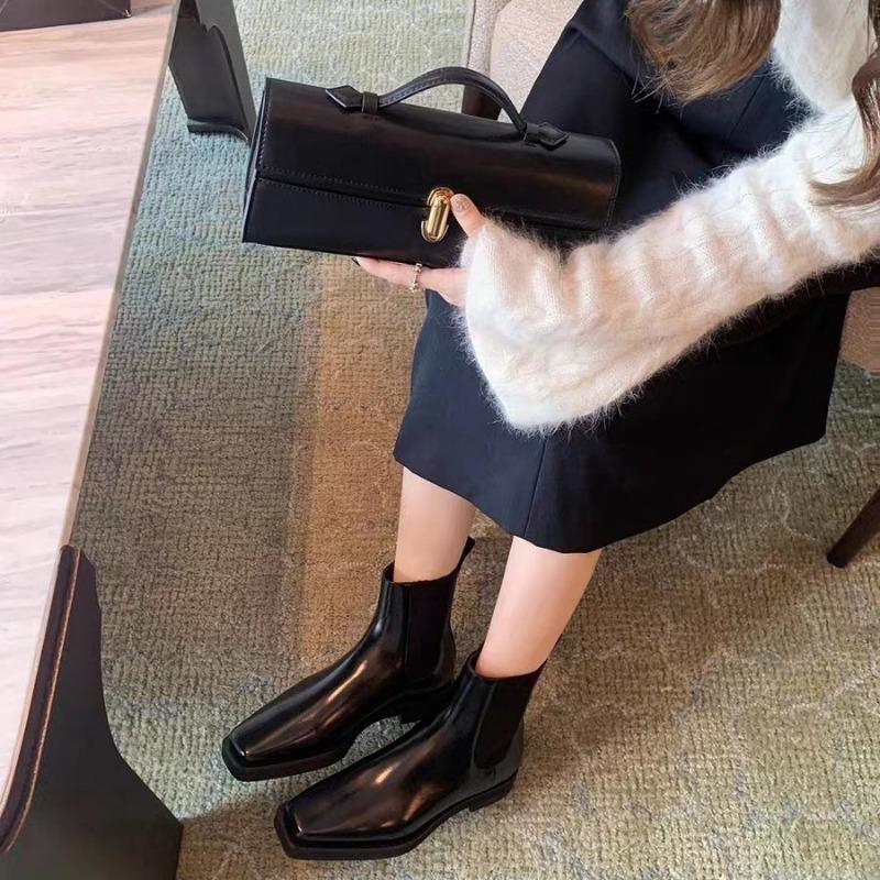 Cowhide Square Head Platform Sole Chelsea Boots Women's Leather Coarse Heel Martin Boots Short Boots Skinny Boots