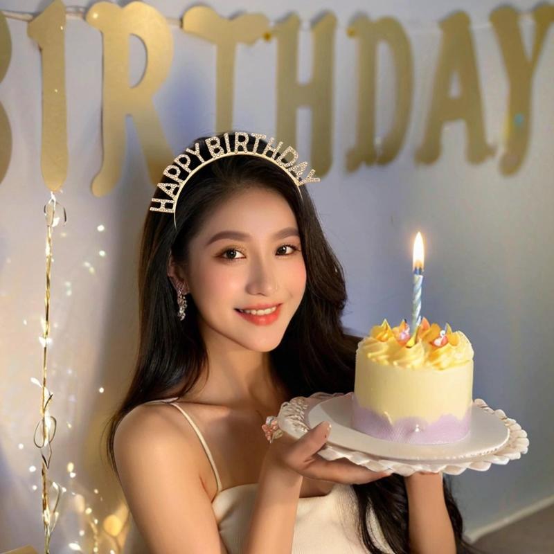Happy Birthday Props Hairband for Adult Family Gathering Birthday Party Rhinestones Headband Photography Accessories