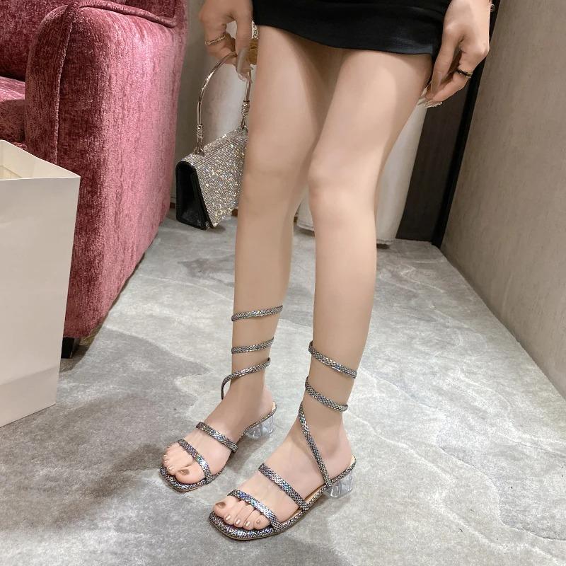 Fashion Snake Print Med Heels Sandals Women 2024 Summer Silver Crystal Ankle Strap Gladiator Shoes Woman Square Toe Clear Heel Sandalias