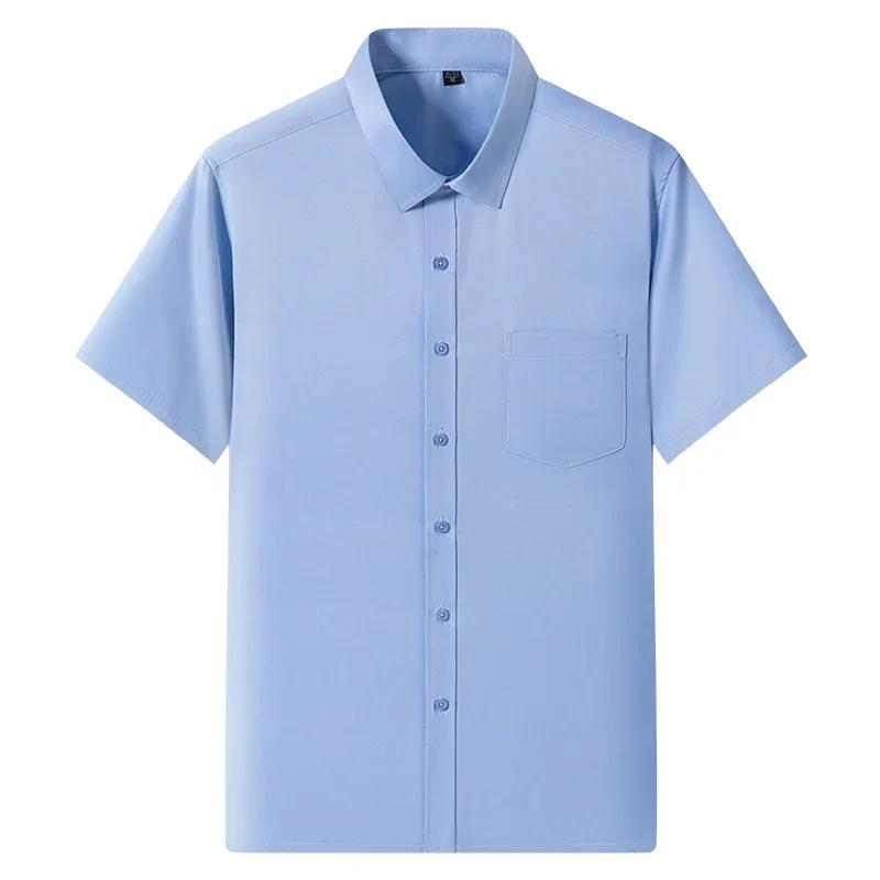 Camisa Masculina de Verão Não Amassa Anti-Rugas Casual de Negócios Cor Sólida Elástica Lisa Manga Curta Trabalho Social