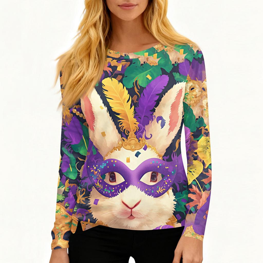 Women's Fashion Casual Slit Hem Round Neck Long Sleeve Loose Printed T-Shirt Top
