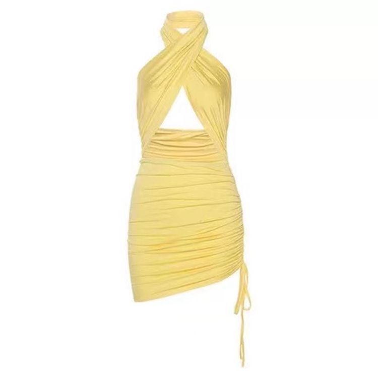 Neck Dress Sexy New Style Hollow Cross Chest Big Spice Girl Short Skirt Lace Up Deep V Hip Wrap Tight