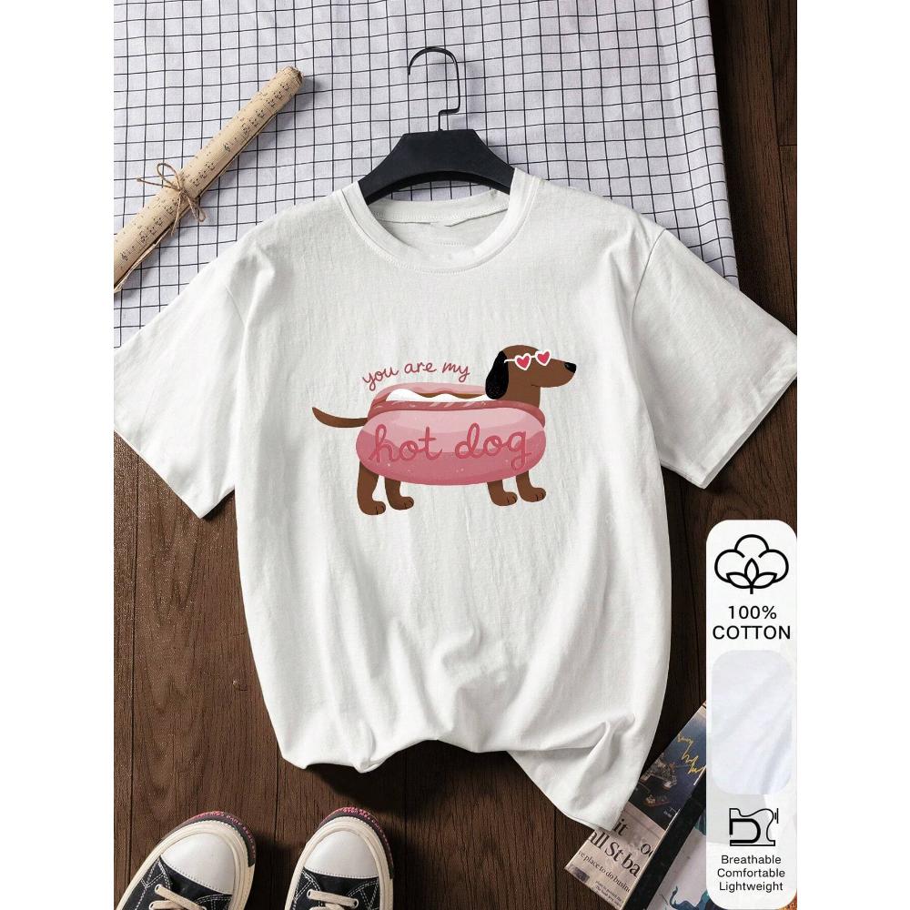 Lustiges Dackel-Print Baumwoll-T-Shirt Sommer Damen Freizeit Zuhause Reise Tee Rundhals Bequem Atmungsaktiv Y2k Oberteil