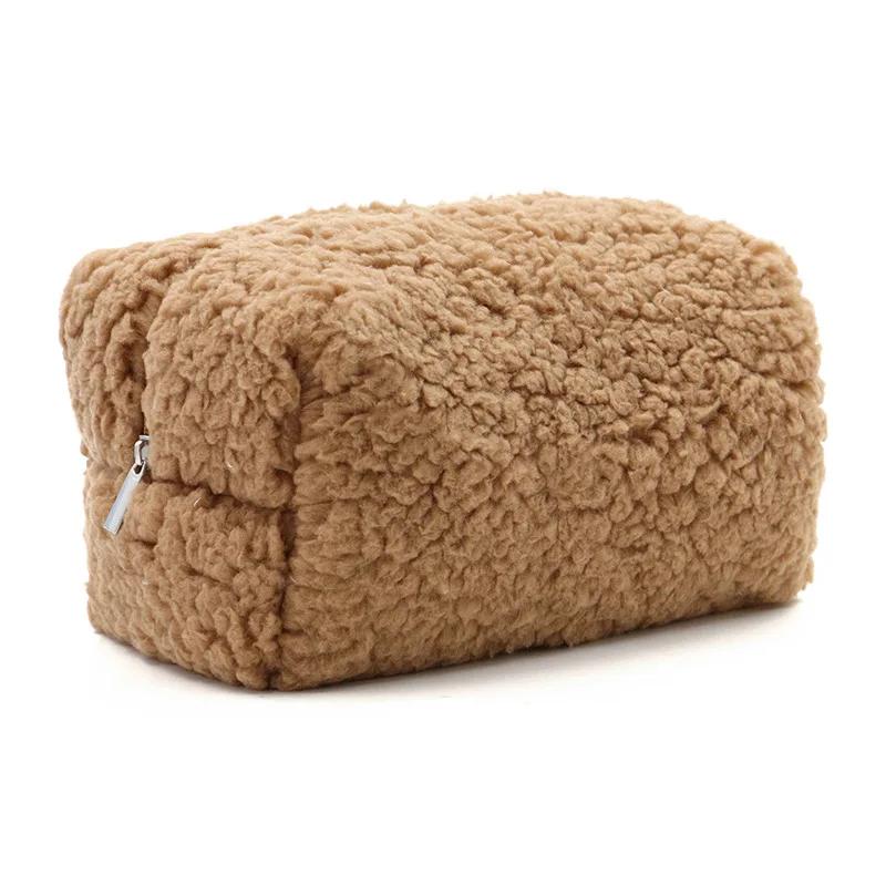 Lamswol Bont Make-up Tassen voor Vrouwen Zachte Reis Cosmetische Tas Organizer Koffer Dame Meisjes Make-up Koffer Benodigdheden Opbergtas bruin