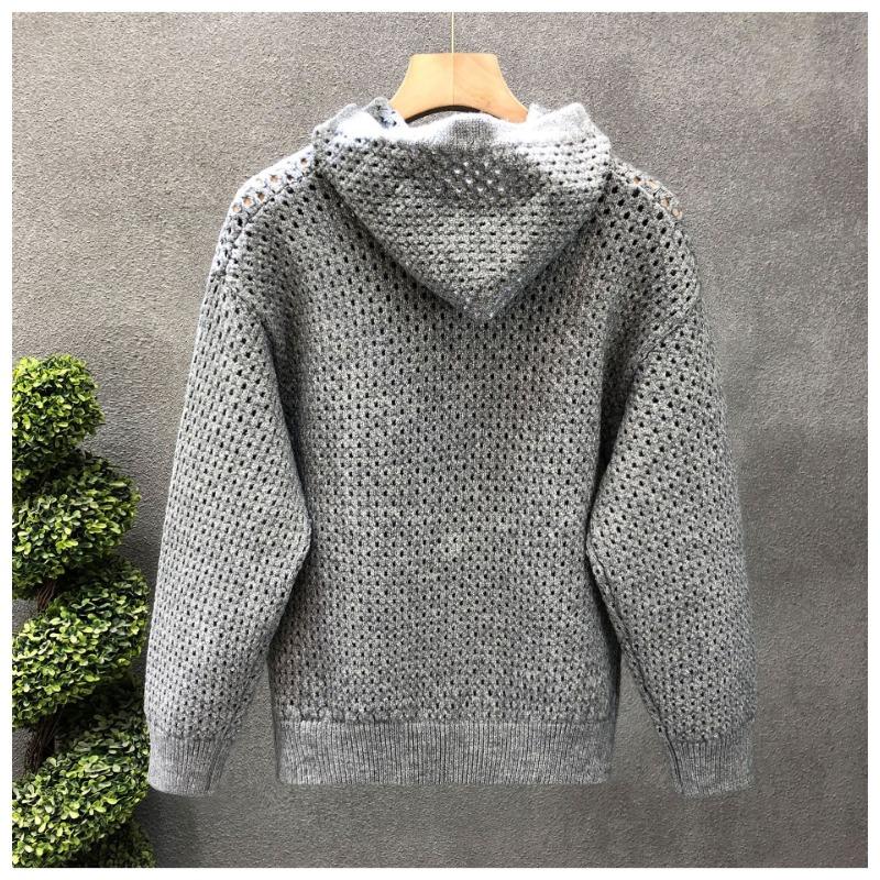 Mens Hollow Out Hooded Cardigan Loose Knit Sweater Casual Outerwear