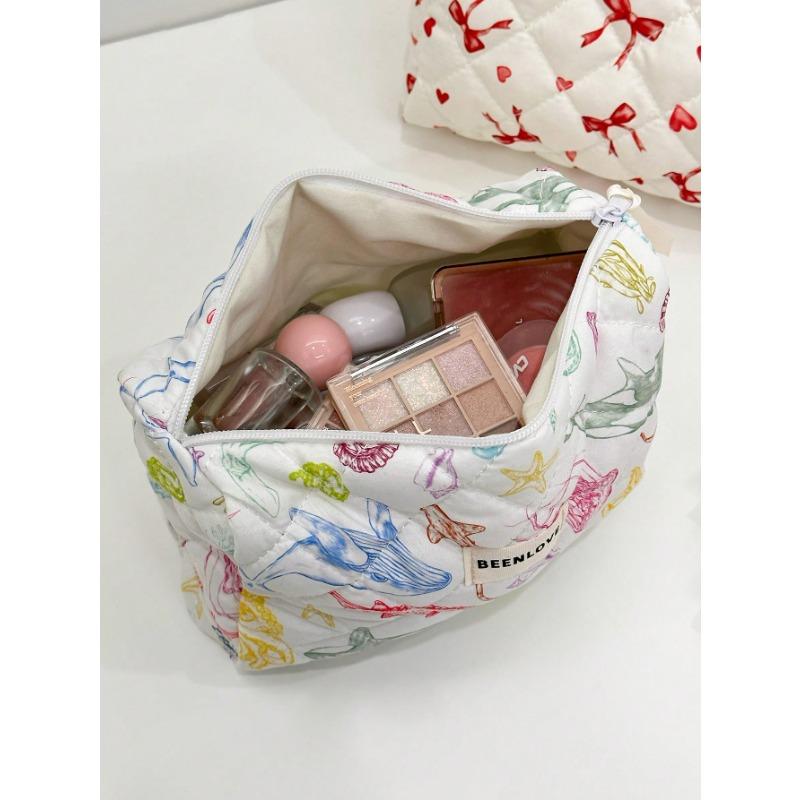 1Pc Colorful Marine Life Pattern Quilting Cosmetic Bag, Cosmetic Pouch, Makeup Bag Large Capacity Kawaii Toiletries Bag Travel Toiletry Organizer