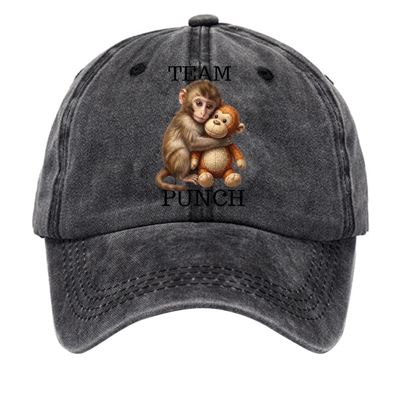 

Washed Cotton Baseball Cap Soft Top Denim Hat Vintage Style Embroidered Monkey Print Adjustable Unisex Casual Headwear TEAM PUNCH One Size чорний