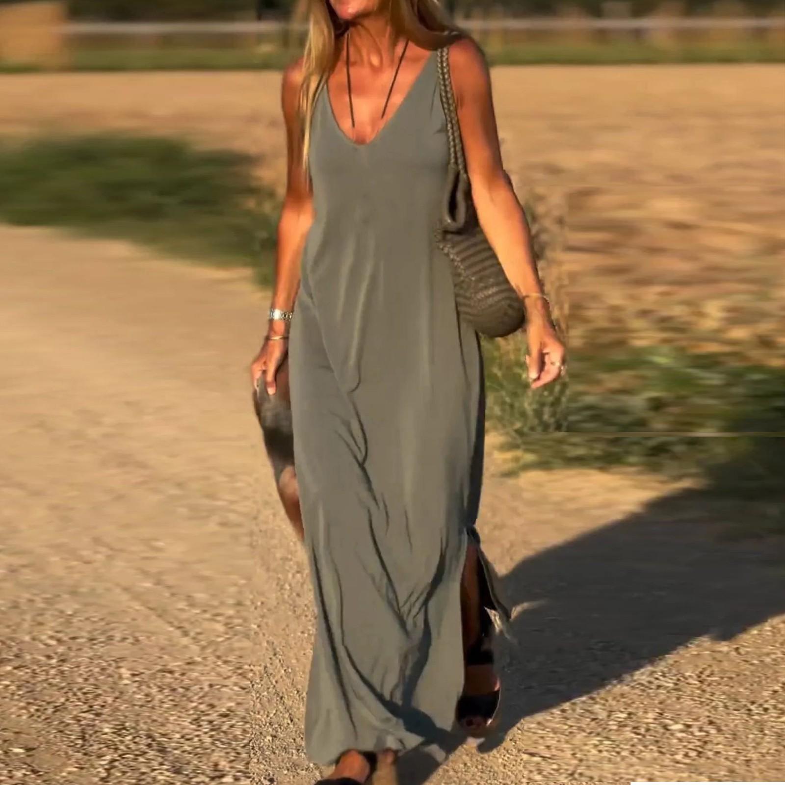 

Жіночі Модні Безрукавні Сукні на Бретелях з V-подібним Вирізом Повсякденні Довгі Сукні L армія зелений колір