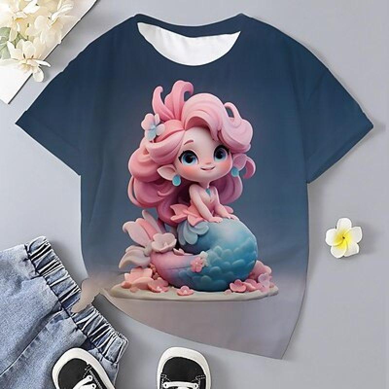 

Футболка с 3D-графикой мультфильма «Русалка» для девочек, футболка с короткими рукавами и 3D принтом, лето-весна, активная мода, милый полиэстер для детей 3-12 лет 160