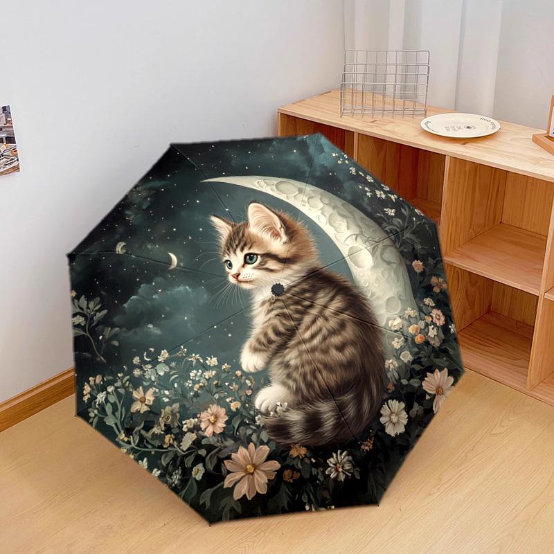 1 PC Automatic Folding Umbrella - Kitten and Moon Night Pattern, Portable & Foldable Design with 8 Ribs, Christmas Birthday Gifts