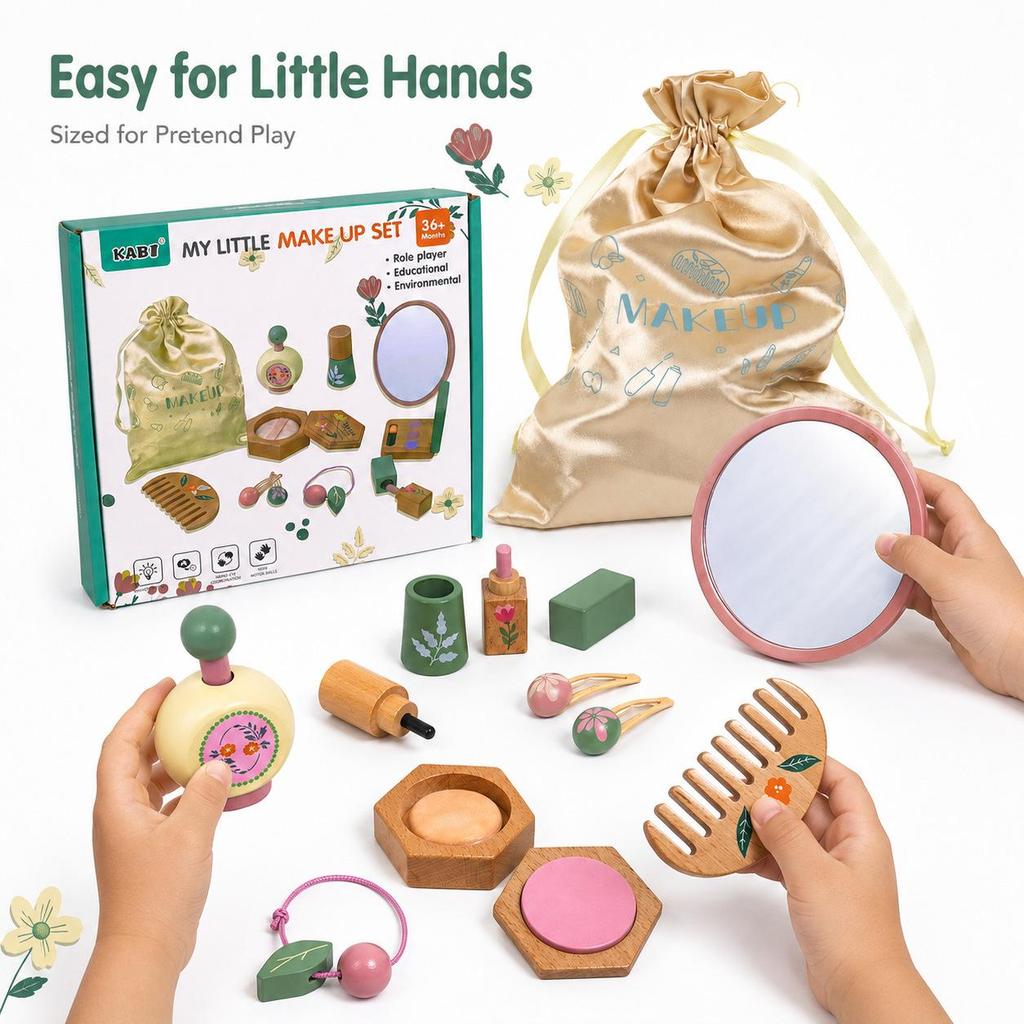 Korean Style Wooden Makeup Play Set: Pretend Eyeshadow, Powder, Lipstick, Perfume, Hair Accessories.