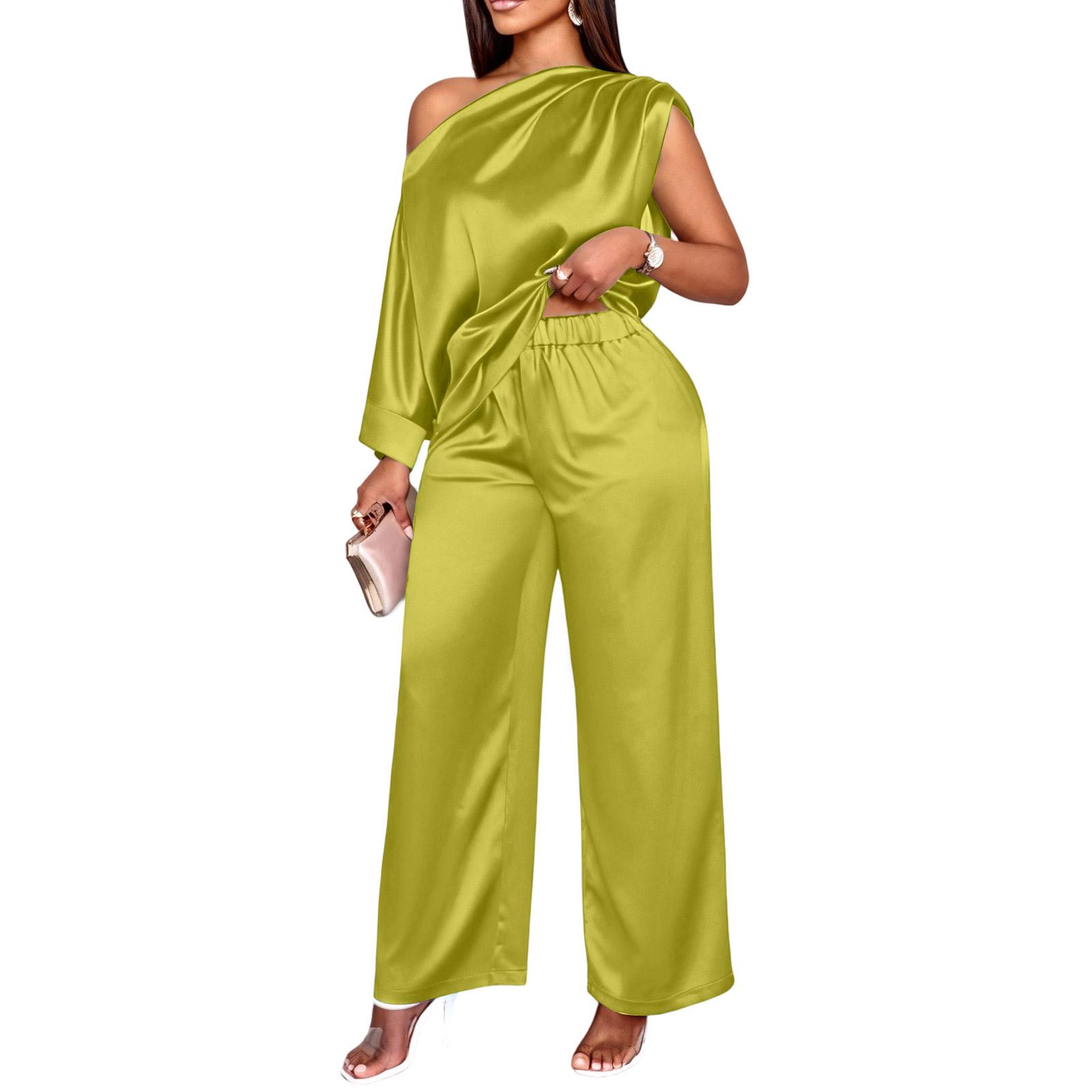 Women Satin Two Piece Set Off Shoulder Asymmetric Neck Top Wide Leg Pants Lounge Wear Casual Outfit XL зелёный