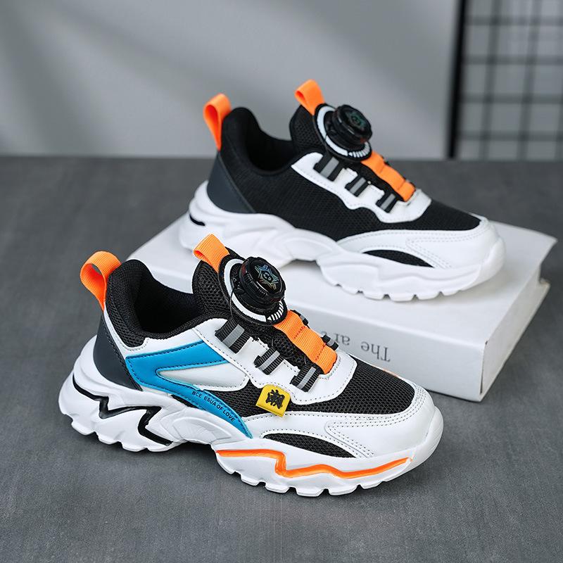 Boys shoes 2025 autumn new middle-aged and older boys rotating buckle mesh leather running shoes children's sports shoes