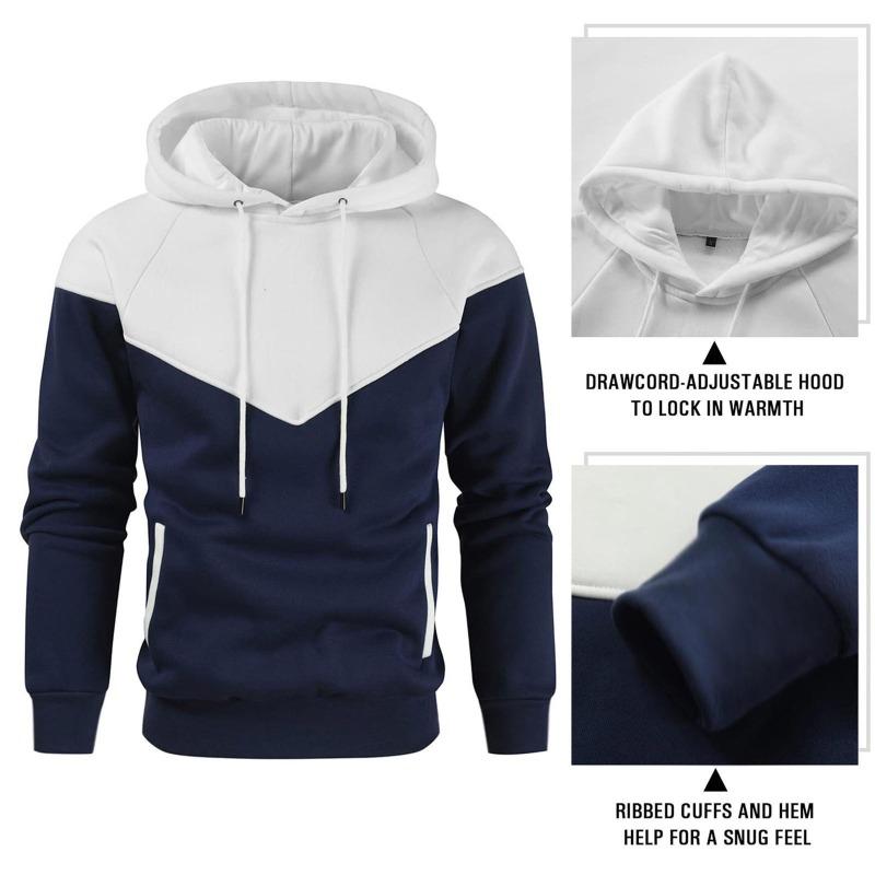 Winter Men's Fleece-Lined Hooded Sweatshirt Fashionable Patchwork Hooded Sweatshirt Casual Sports Sweatshirt Pullover Sweatshirt