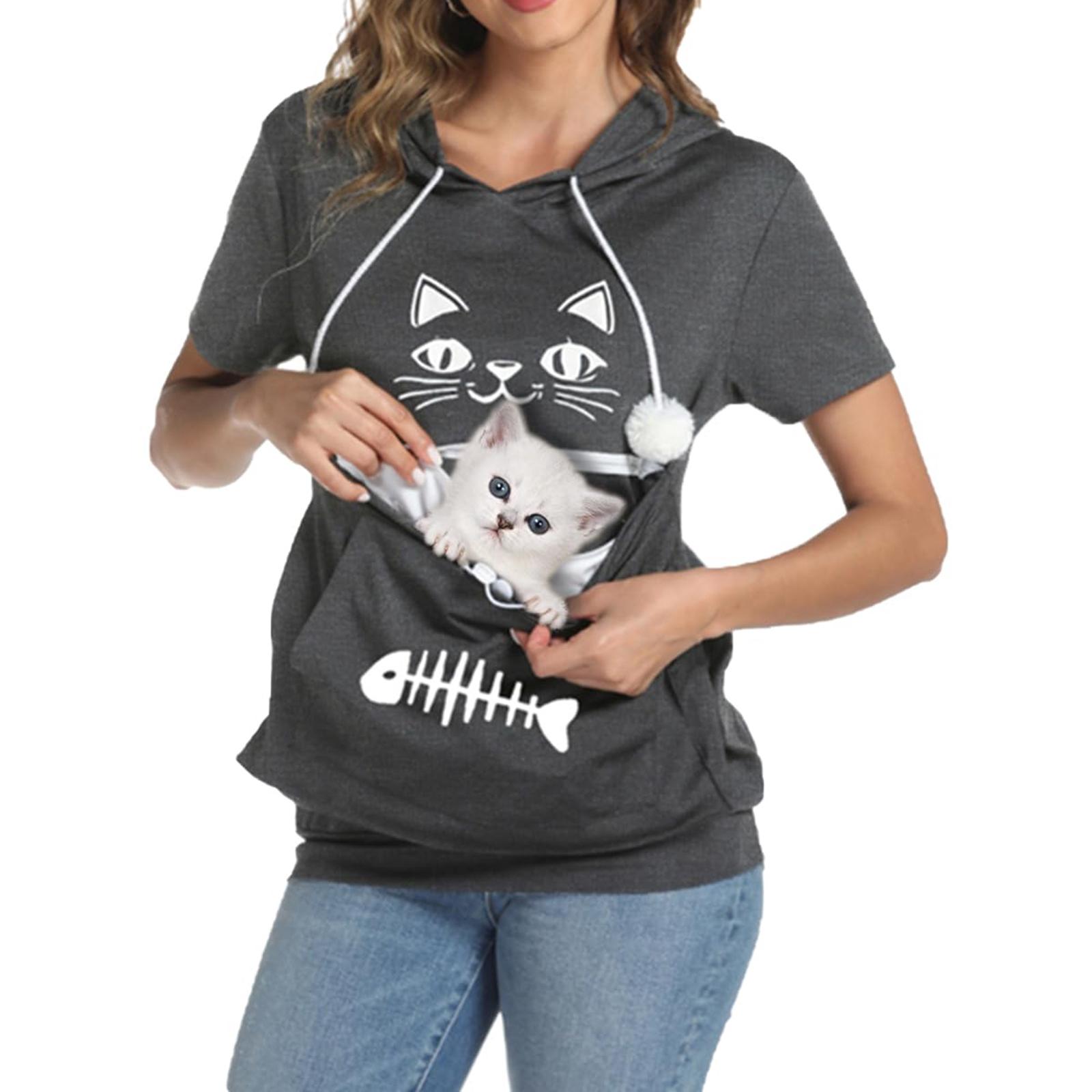 

Женский однотонный пуловер-свитшот с большим карманом для питомца на кулиске XL чёрный