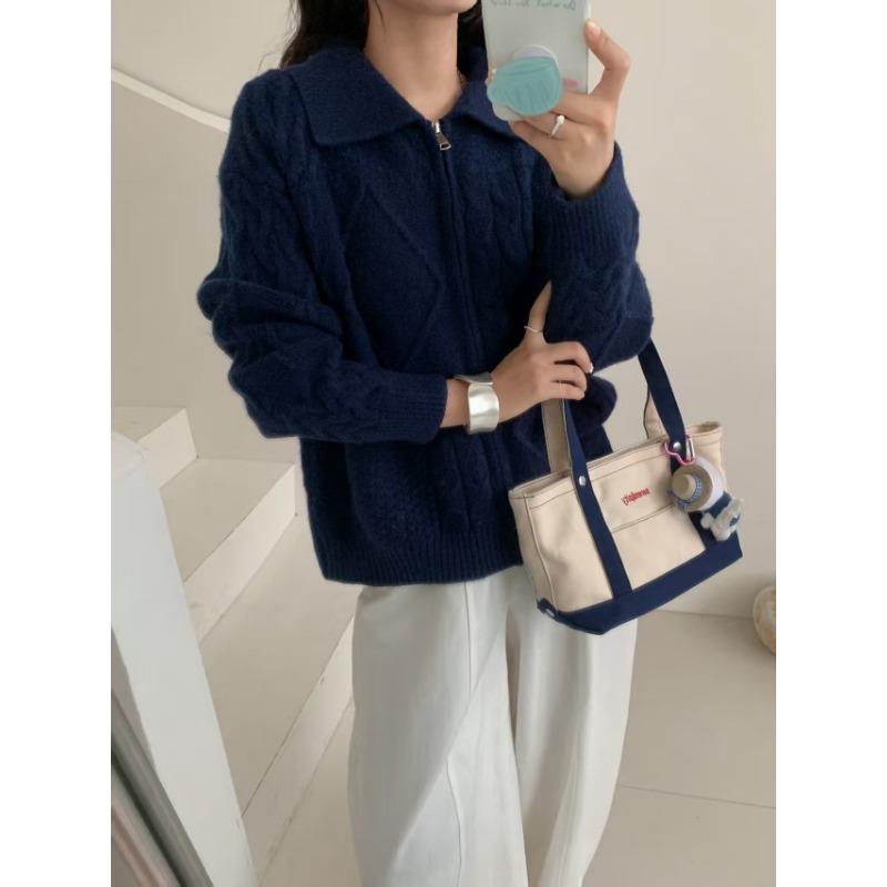 Vintage knitted cardigan women's clothing autumn and winter new loose lazy wind twist lapel zipper sweater jacket women