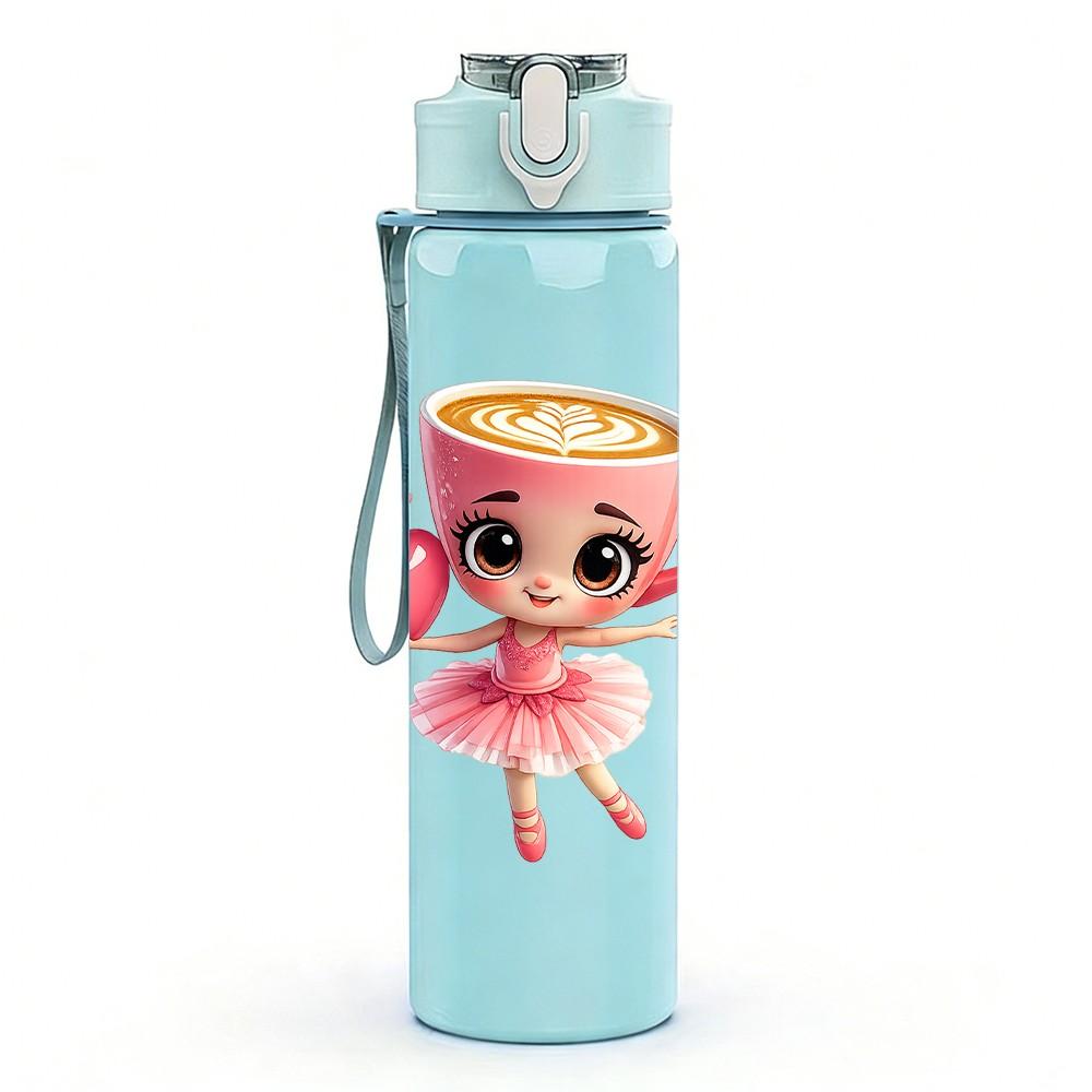 1PC Girl In Teacup Cute Pink Cartoon Print 750ml Color Plastic Sports Water Bottle Leakproof Flip Straw Lid Suitable for Sports Office Home Use